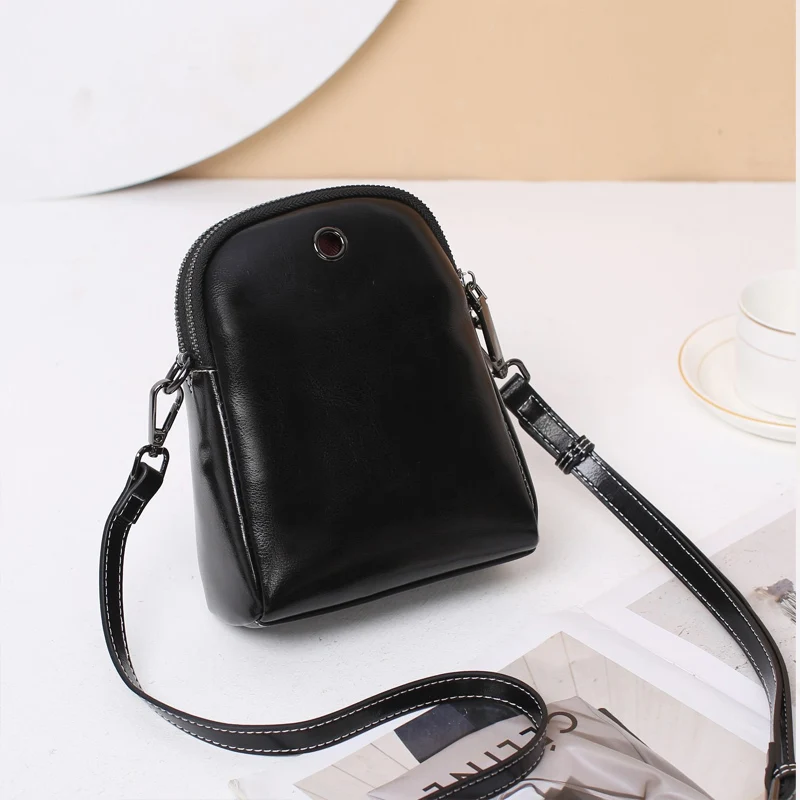 LOMANTINA Hot Sale Genuine Leather Oil Wax Cowhide Women Shoulder Strap Mobile Phone Bags Small Luxurious Simple Ladies Purses