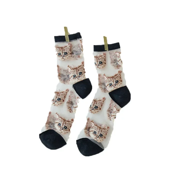 Women Transparent Cute Cat Socks Korean Fashion Ladies Summer Thin Crystal Silk Socks JapaneseTrendy Kawaii Glass Fiber Socks