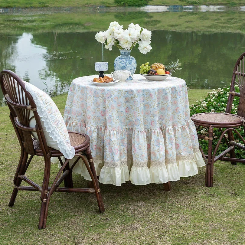 French Style Rose Tablecloth Pastoral Cotton Linen Dining Table Tablecloth Garden Table Decorative Cloth Picnic Cloth for Outing
