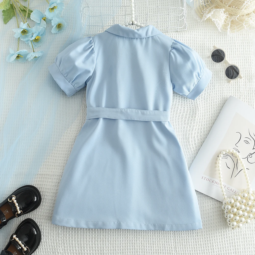 3-7 Years Summer Lapel Double Breasted Blue Girls Dress Solid Color Short Sleeved Bow Waistband Children\'s Clothing