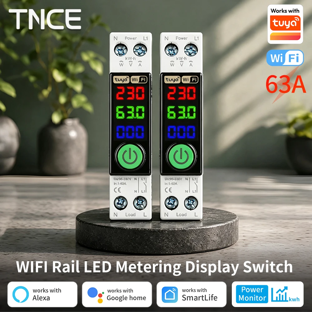 TNCE Tuya Rail LED MCB Circuit Breaker WIFI, 1-63A Smart Over Current Under Voltage Protection Power Meter, Voice Google Alexa