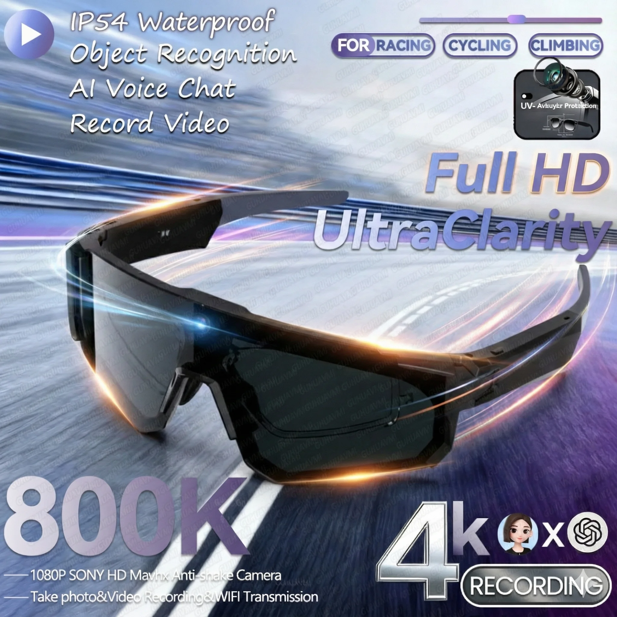 

Новая камера 800 Вт, 32 ГБ, спортивные умные очки, мужские очки с защитой от сотрясений, фото, видеозапись, Bluetooth-вызов, захватывание действий, велосипедные очки