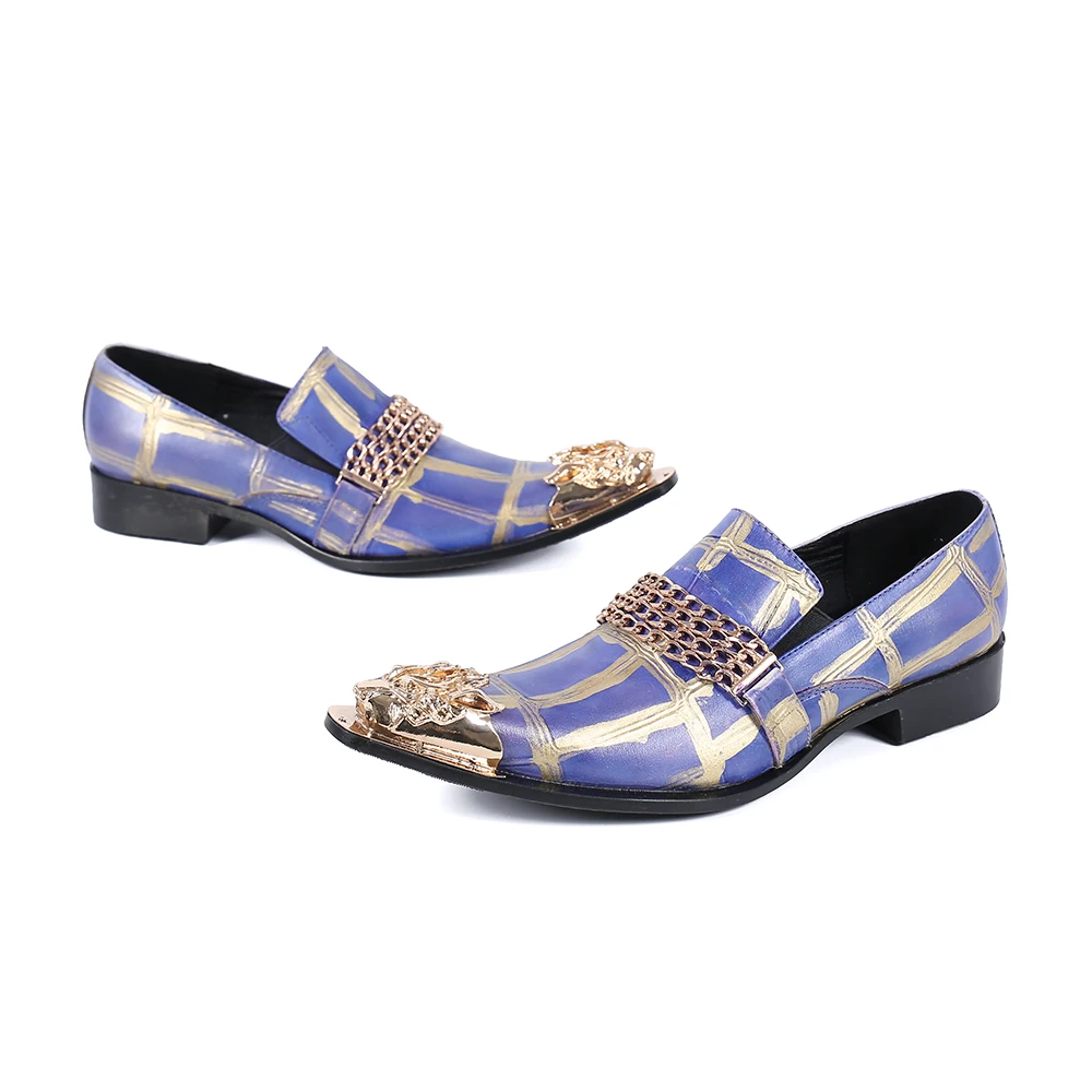 

2026 Designer Print Men Cow Leather Party Dress Shoes Metal Pointed Toe Business Office Loafers Shoes Male Formal Shoes Footwear