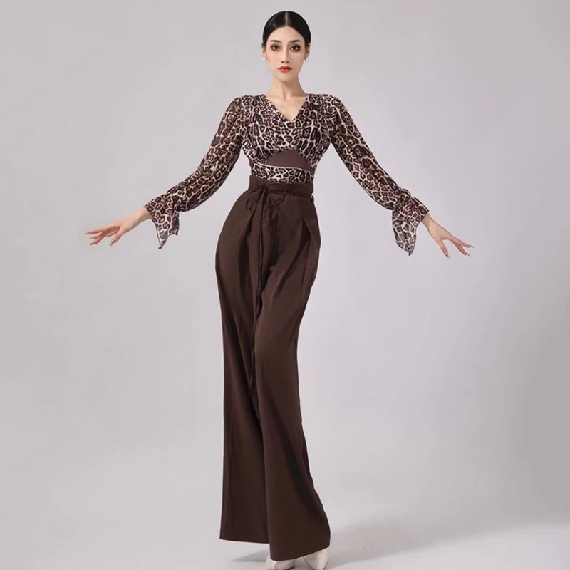 Trajes de baile latino para mujer, Mono de manga larga con estampado de leopardo, pantalones sueltos de pierna ancha marrón, traje de entrenamiento,