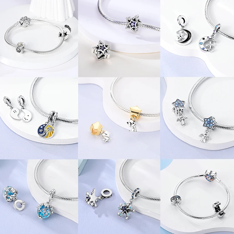 925 Sterling Silber Sonne Sternenhimmel Charms Serie Gold Sonne Sterne Mond Anhänger Passend für Armband DIY Schmuck Original Mode für Frauen – Detail 6