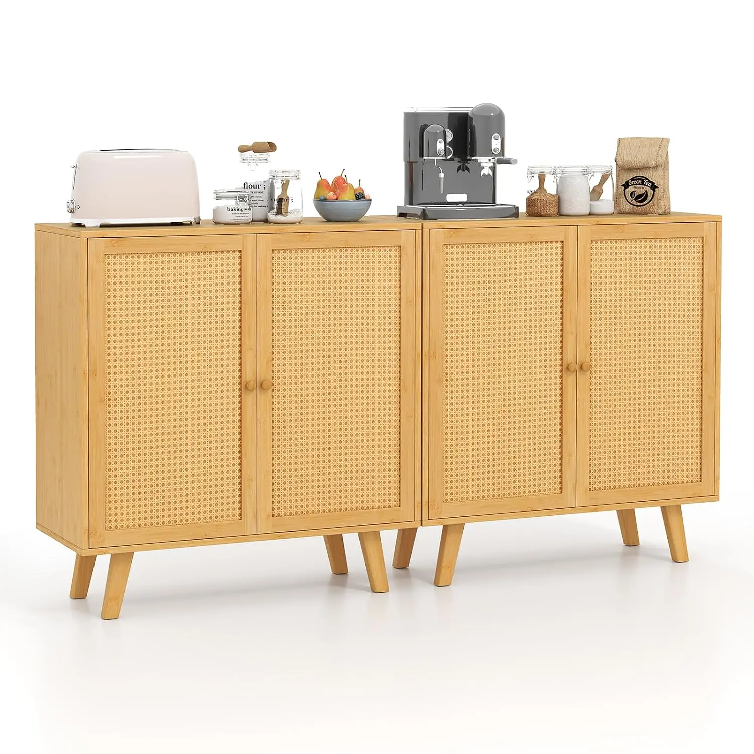 Bamboo Buffet Cabinet 2 Boho Sideboard with Rattan Doors Freestanding Cupboard Coffee Bar for Living Dining Hallway, Customized
