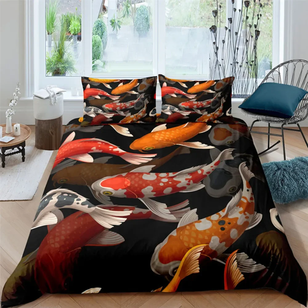 Japanese Duvet Cover Koi Carp Couple Swimming Cherry Blossom Branch Culture Design for Bedroom Decorative Orange Grey Women Men