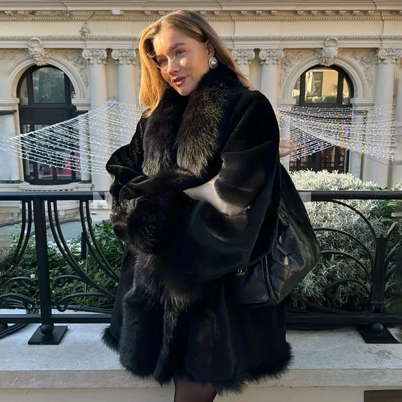 Woman Fur Coat Elegant Classy Faux Fur Oversized Collar Coat Knee Length Open Front Winter Cold Weather Plush Warm Evening Wear