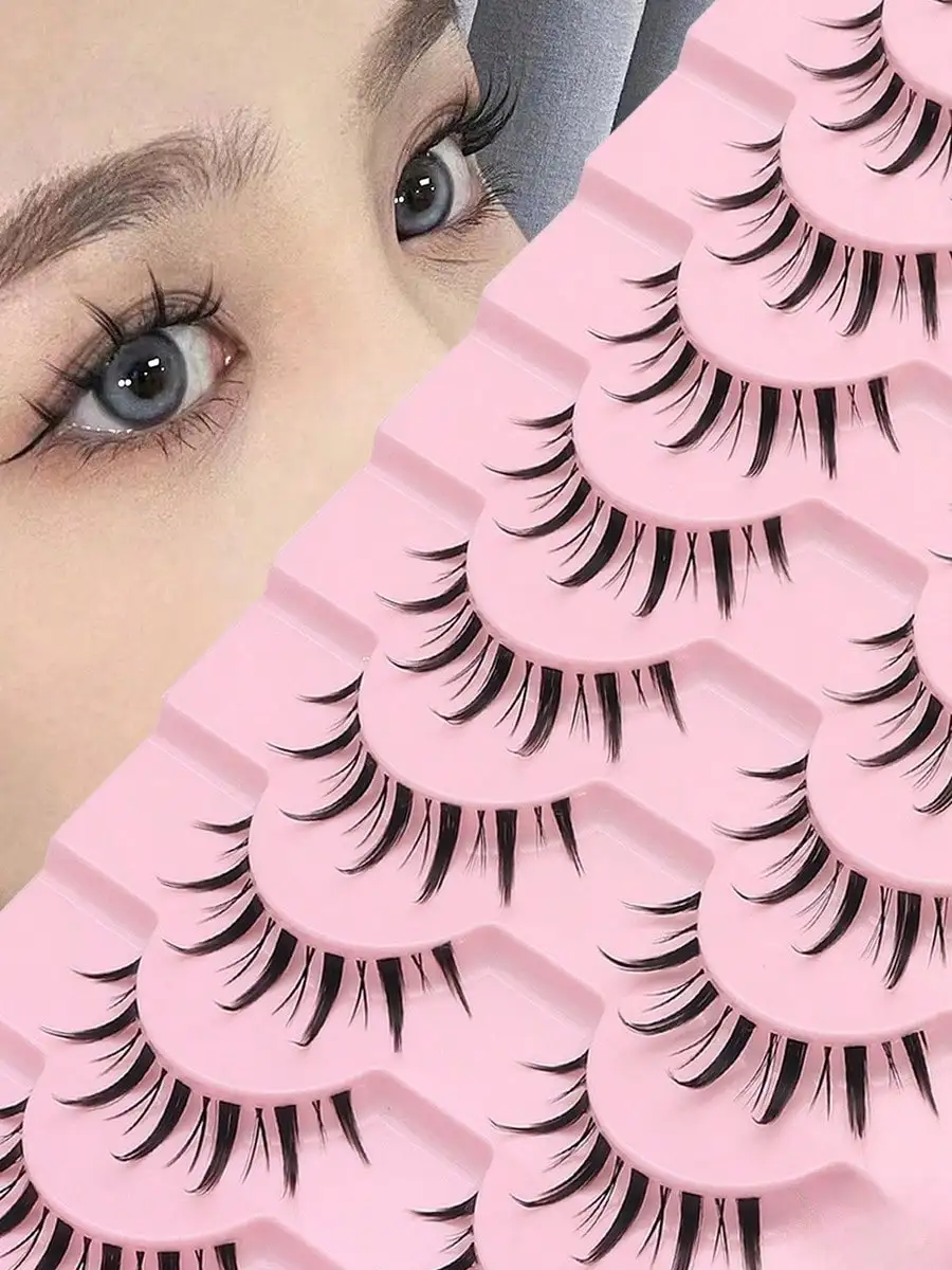 10 pairs of natural transparent stems, fake eyelashes, thin and curled comic style suitable for beginners, reusable, suitable