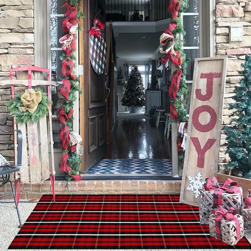 VIKAMA Christmas Door Mat Red Black Plaid Merry Christmas Funny Quote Farm Fresh Non Slip Entryway Rug Holiday Decor Washable