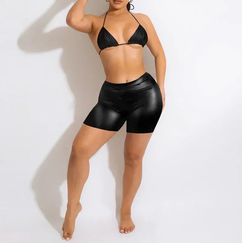 

GUWU PU Leather Sexy Two Piece Sets Women Summer Tracksuit Bra Crop Top Biker Shorts Suit Outfit Party Club Matching Set