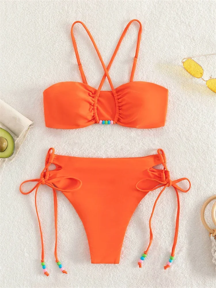 Conjunto de Bikini de cintura alta para mujer, bañador Sexy con perlas ahuecadas, Micro traje de baño de realce, traje de baño de playa con cordones, color naranja y morado, 2024