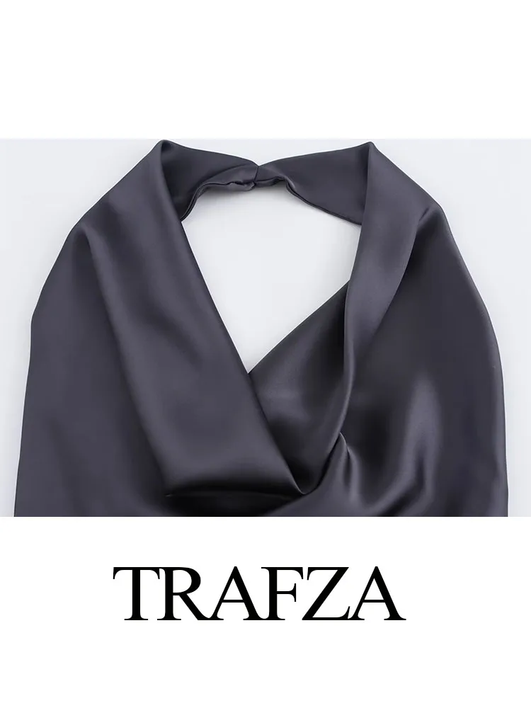 TRAFZA-Robe Mi-Longue en Satin pour Femme, Tenue Sexy, Dos aux, Col Frontal, Couleur Unie, Été