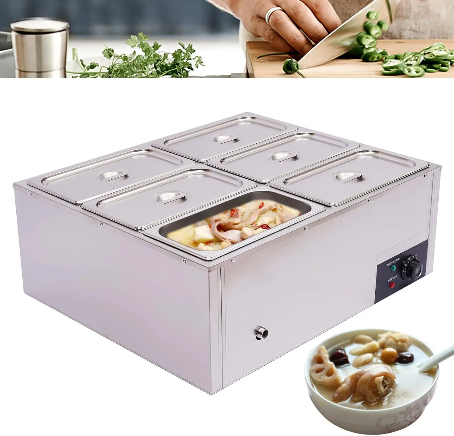 Aquecedor elétrico de aço inoxidável, Buffet Server, 6 Pot, Aquecedor Bandeja, Bain-Marie Buffet