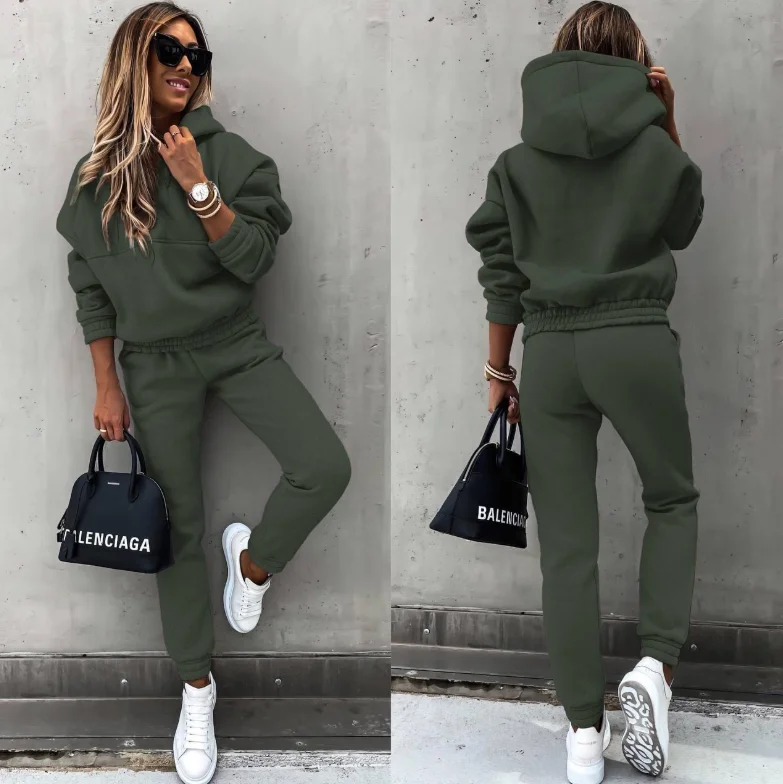 Winter-Trainingsanzug für Damen, zweiteiliges Set – übergroßer Kapuzen-Jogginghose, einfarbiger Sportanzug | Lässiges Sweatshirt-Hosen-Set – Detail 9