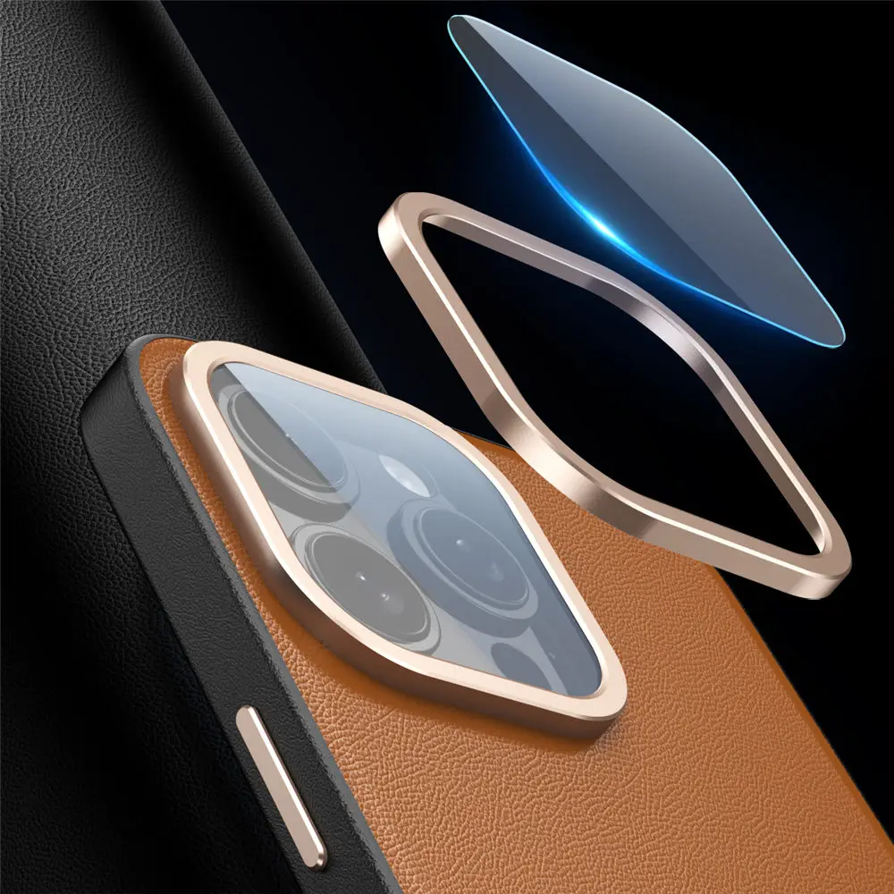 Тонкий чехол из натуральной яловой кожи для iPhone 13, 14, 15 Pro Max, защитный чехол из стеклянной пленки