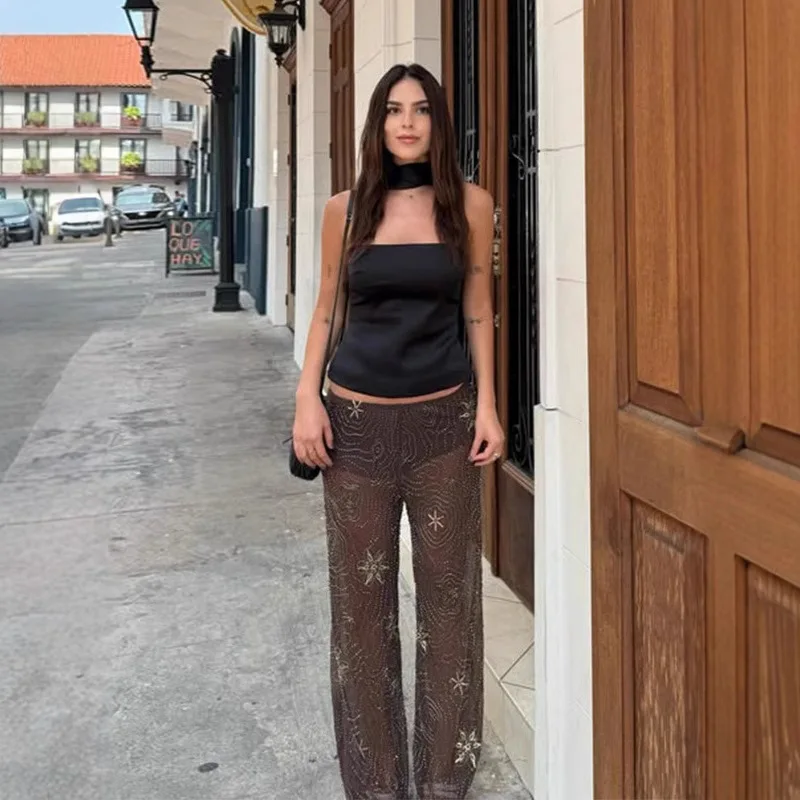 Sexy Chic Women Transparent Pants Sequins Straight Wide Trousers 2025 Female Summer Loose Holiday Party Trousers Lady Streetwear