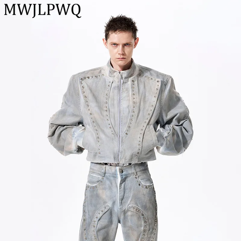 MWJLPWQ Street Style·Deconstructed Design Short Denim Jacket For Men Spring Distressed Stand-Up Collar Tops Spring Autumn 14272