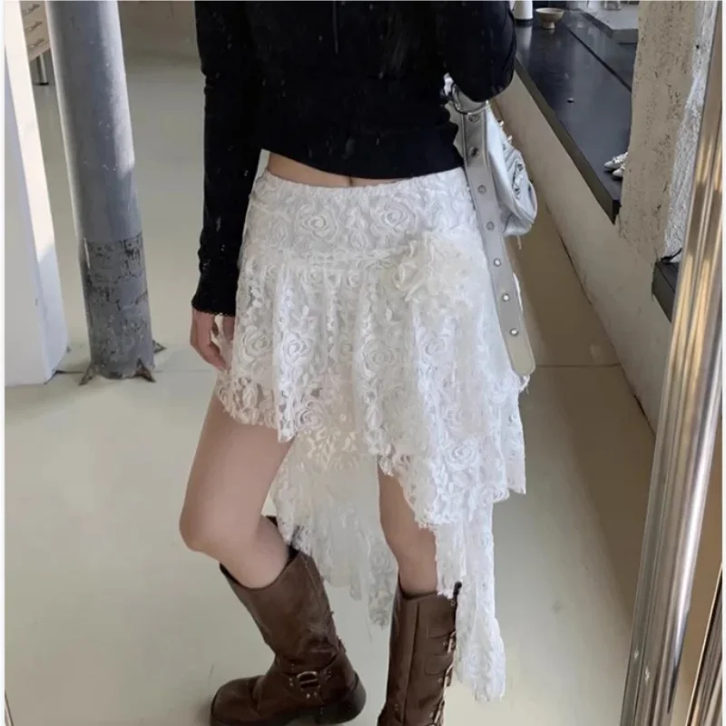 

Плиссированная юбка Белая юбка Jupe Midi Faldas Mujer Длинная розовая кружевная крючок с цветочным принтом Полая нерегулярная лента Винтаж American Gyaru