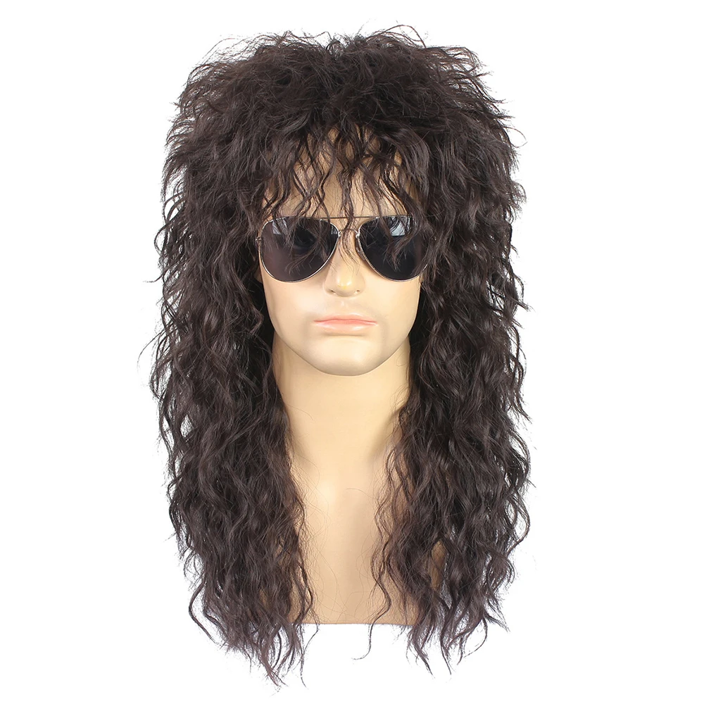 Gres Men Dark Brown Wigs Punk Fluffy Long Curly Wig for Male High Temperature Fiber Rock Cosplay Costume Party Synthetic Hair