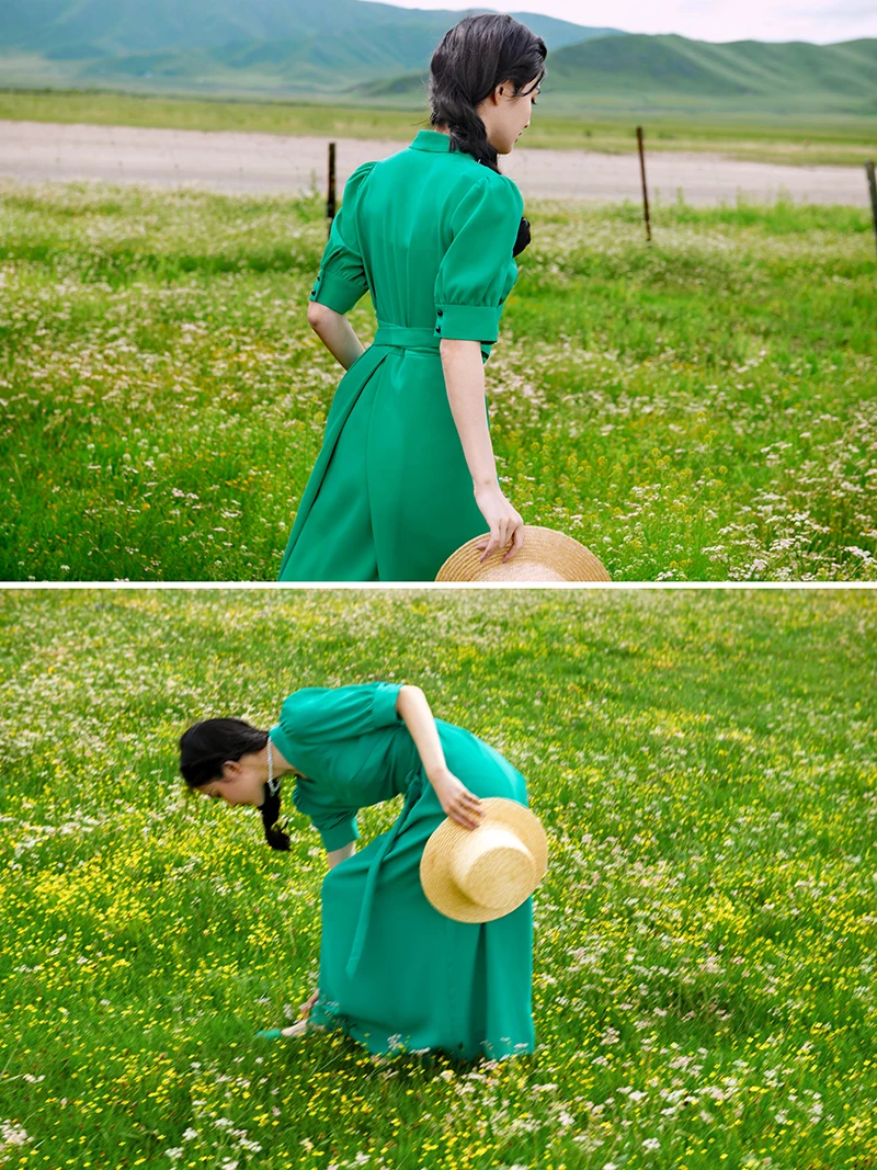 Vêtements Tibétains pour Femme, Robe Verte Améliorée, Style Ethnique, brev03/Guozhuang, Nouvelle Collection Été