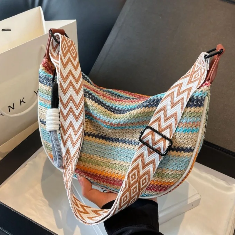 Handwoven Bag Women's 2024 New Trendy Summer Messenger Bag Popular Seaside Vacation Shoulder  Straw Bag