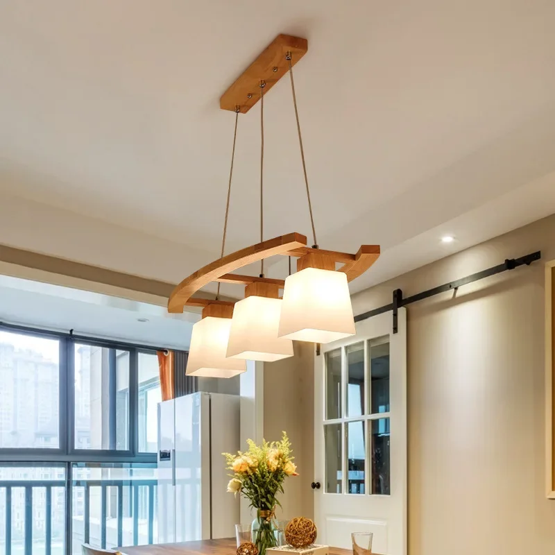 GHJUYIOL Restaurant lights Nordic solid wood chandelier personalized three head dining table natural wood Japanese lighting fixt