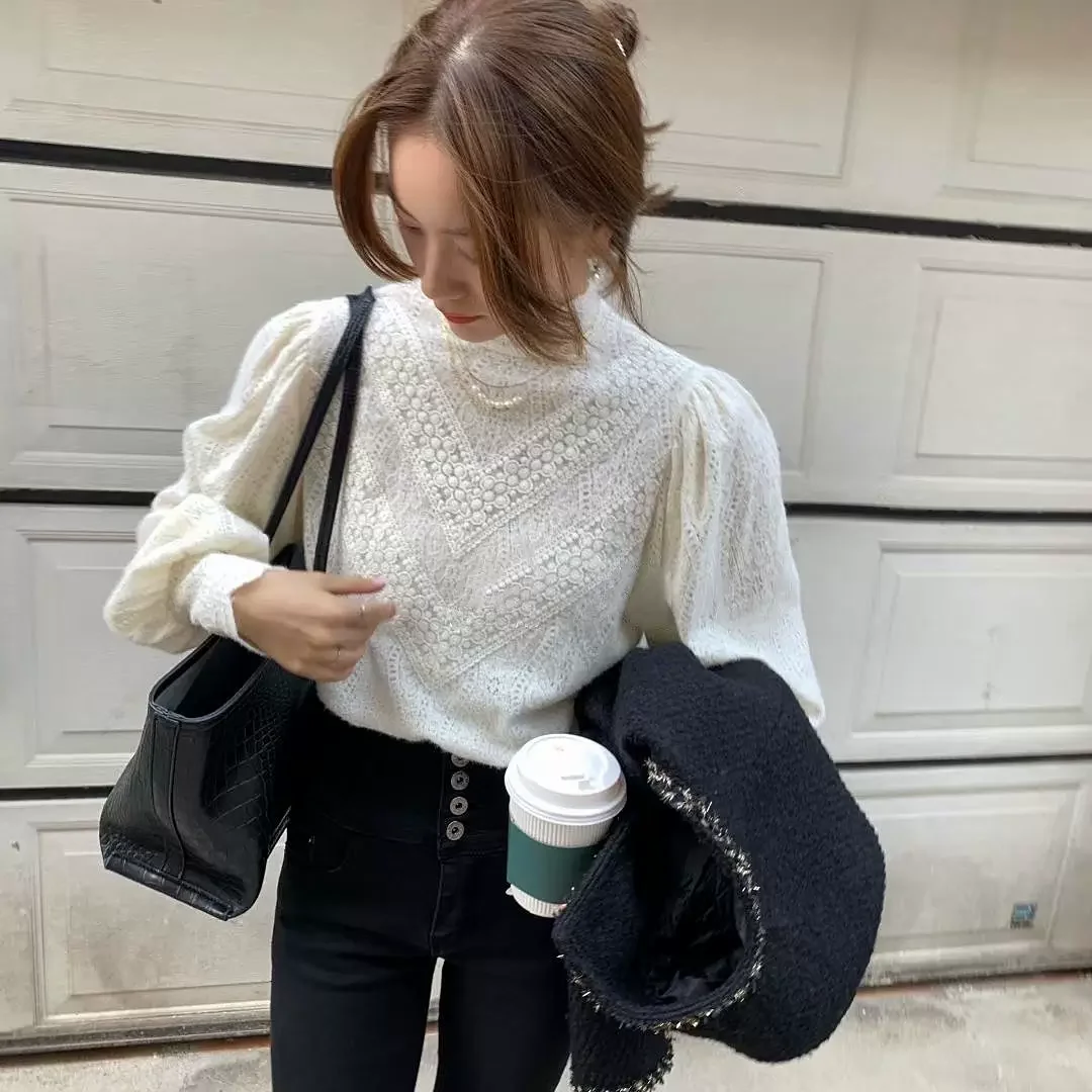 Chic Blouse Women Long Sleeve Casual Tops Hollow Out Lace Half High Collar Elegant Temper Gentle Tender Aesthetic Age-reducing