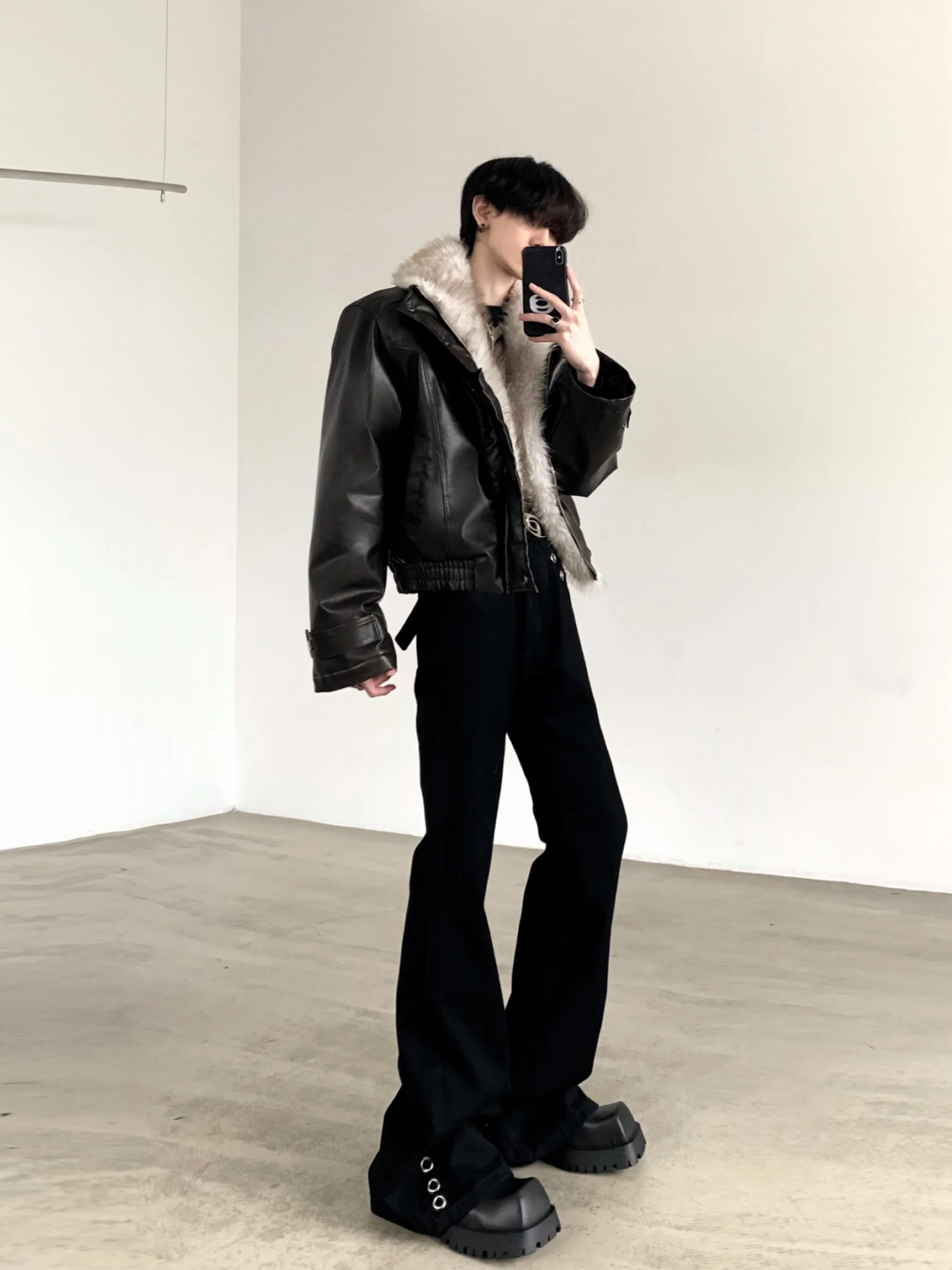 Thickened Faux Fur Collar Jacket Men's Winter Heavyweight Fleece Lined Cotton Coat Visual Style Leather Jacket Autumn Mountai...