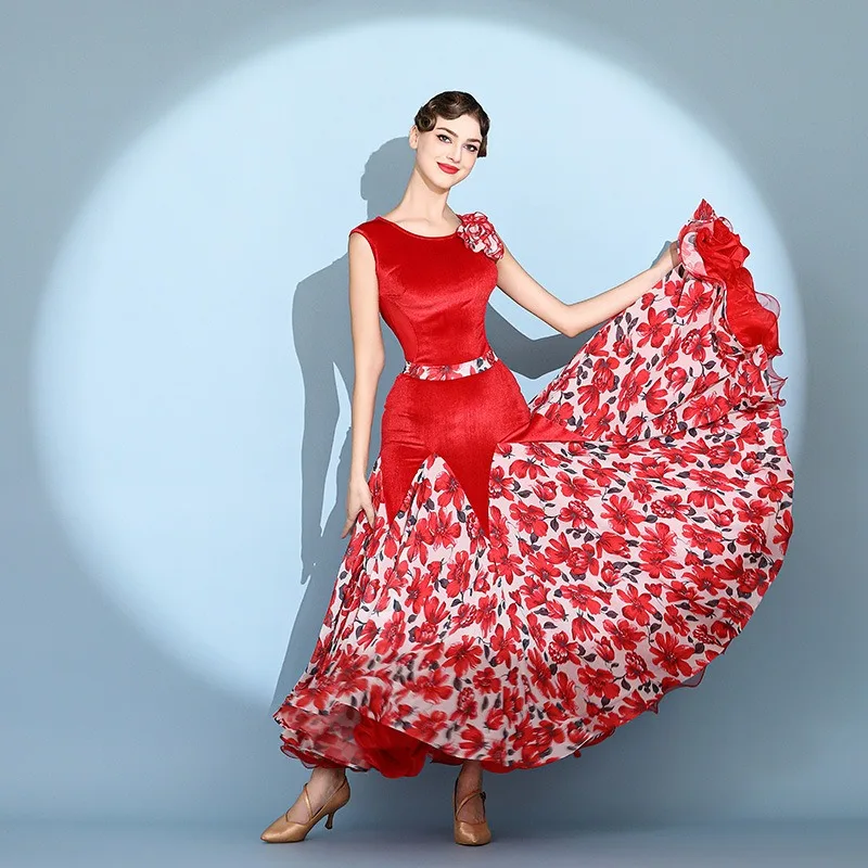

customized Printed modern dance dress sleeveless velvet ballroom dance performance waltz ballroom dance drag queen costume