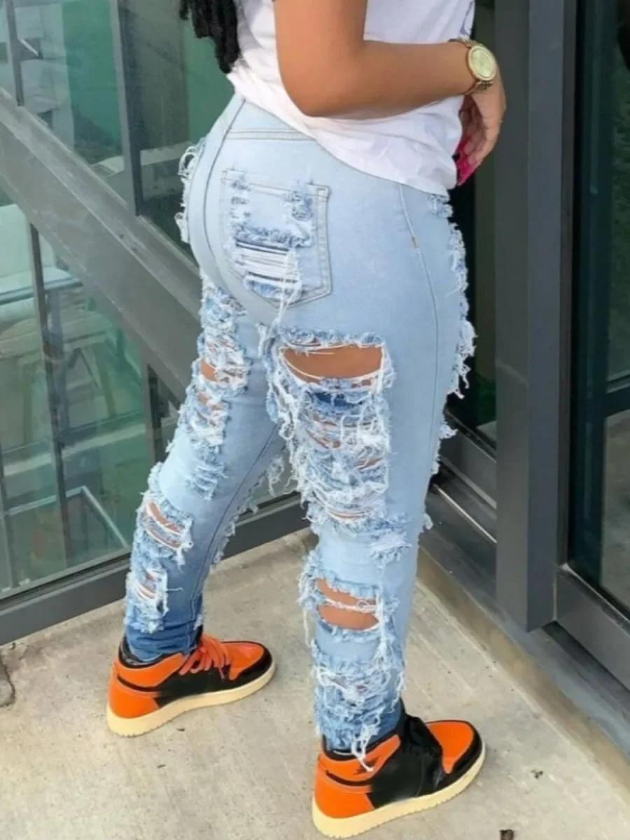 Jeans Panjang Pergelangan Kaki Celana Lubang Denim Pensil Wanita Celana Jeans Pinggang Tinggi Saku Robek Pakaian Jalanan Skinny Kancing Dicuci Tertekan