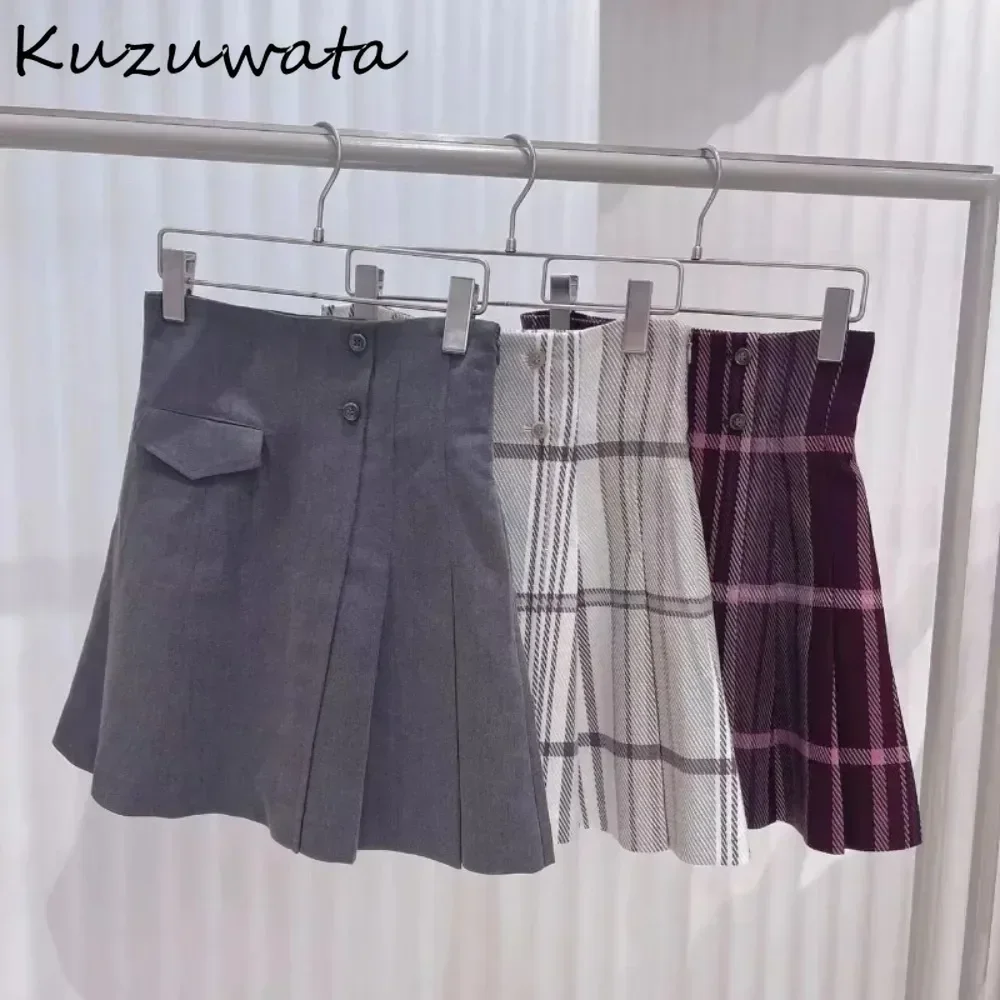 Kuzuwata 2024 Autumn Winter Japanese College Style Faldas Playful Sweet High Waisted Thick Slimming Pleated A-Line Skirt Pants