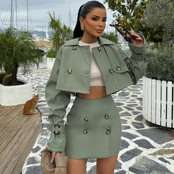 Women Sets Two Piece Set Turn Down Collar Long Sleeve Top And Elegant Mini Skirt High Streetwear Casual Beach Suit 2025 Spring