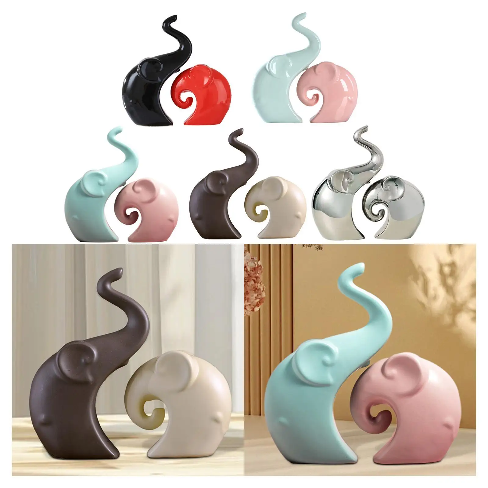 2x Couple Elephant Statues Decorative Figurines Creative Animal Sculptures Desktop Ornaments for Bedroom Fireplace