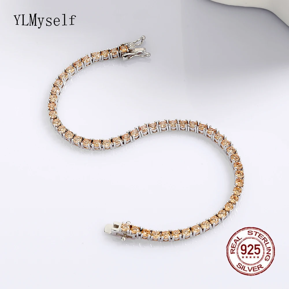 Solid Real 925 Silver Tennis Bracelet Pave 3 MM Champagne Zircon 16-19 CM Hip Hop Rock Chain Fine Jewelry For Women/Men