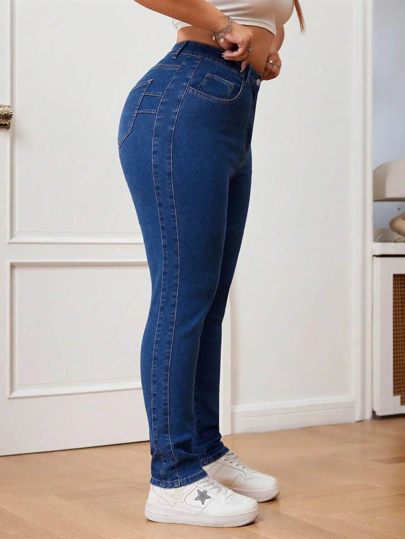 

Джинсы с высокой талией для женщин больших размеров, повседневные джинсовые брюки с карманами, эластичные.