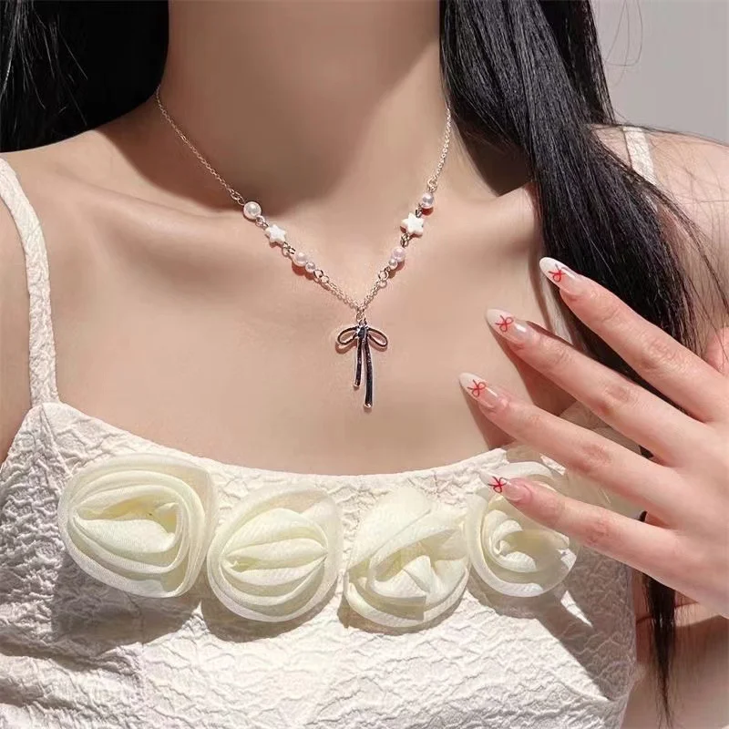 Trendy Perle Perlen Perle Band Bowknot Halskette für Frauen Einfache Stern Bogen Quaste Colliers Elegante Schlüsselbein Kette Partei Schmuck – Detail 3