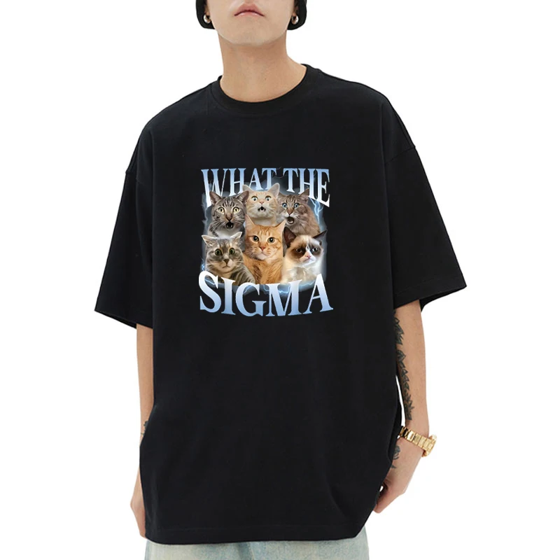

What The Sigma Funny Meme Cat Graphics short sleeve T-shirts Men Women Cotton Casual Cute T shirt O-Neck Loose Tops Unisex