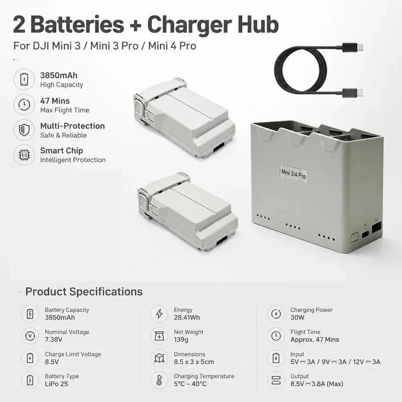 Replacement Battery for DJI Mini 3 4 Pro Series Drone with X2 Charging Hub Set