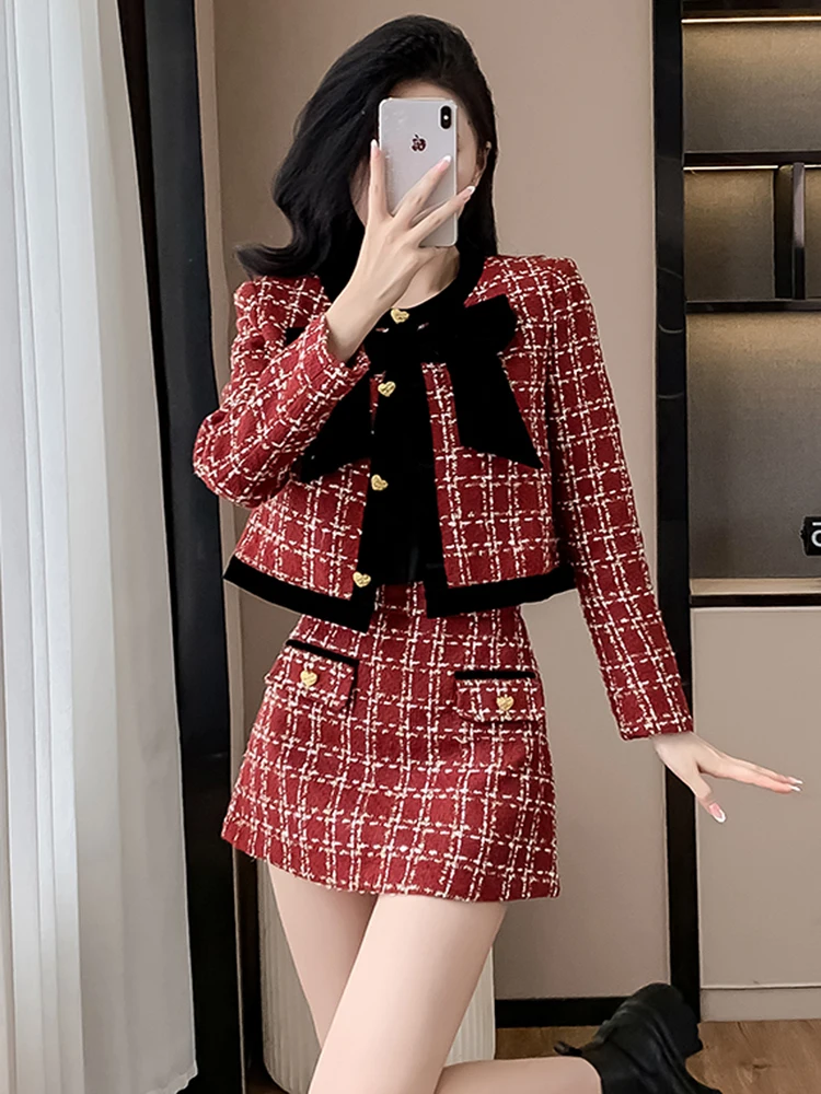 High Quality Red Plaid Tweed Jacket Coat Skirt Two piece Sets Women Autumn New Bow Crop Tops + A Line Mini Skirt Suits