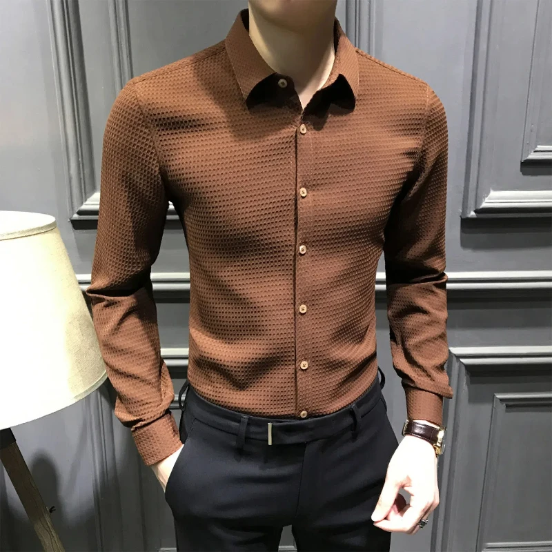 Business Casual Men's Spring Autumn New Lapel Solid Waffler Single Breasted Fashion Casual Office Social Long Sleeve Shirts Tops