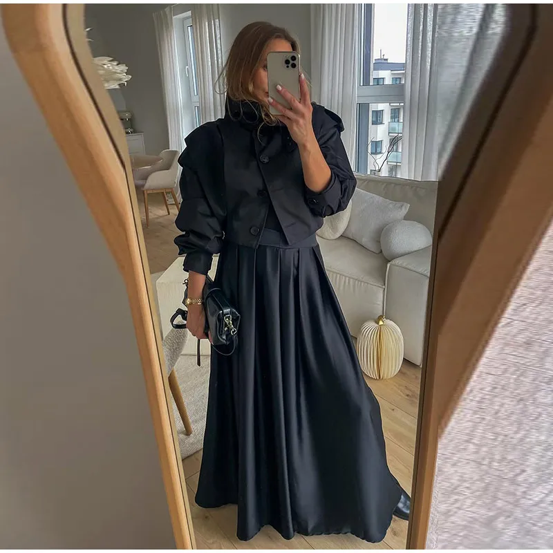 Revers-Langarm-Plissee-Kurzmäntel für Damen, Street-Style, mit Umlegekragen, Epauletten, einreihige Jacken, schicke Damen-Oberbekleidung, neu – Detail 8