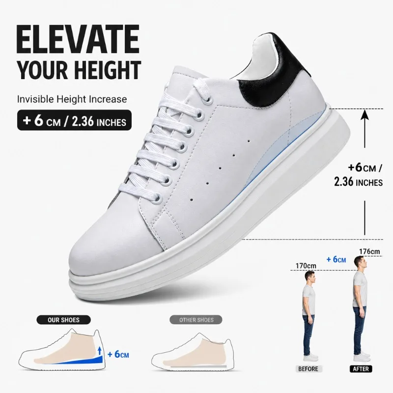 White Hidden Elevator Shoes Unisex Genuine Leather Handmade Business Casual Anti Slip Outdoor Walking Shoes Height Boost 6-8CM