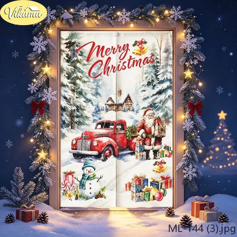 VIKAMA Winter Snow Scene Christmas Half-Door Curtain, Snowman and Christmas Tree Print Door Curtain, Festive Fabric Door Hanging