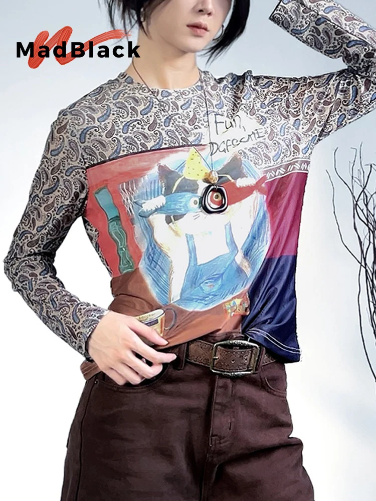 

MadBlack-Women European T-Shirt, Sexy O Neck Cartoon Print, Fashion Modern Long Sleeve Slim M-2XL Tee, 2025 Winter New T5N546CC