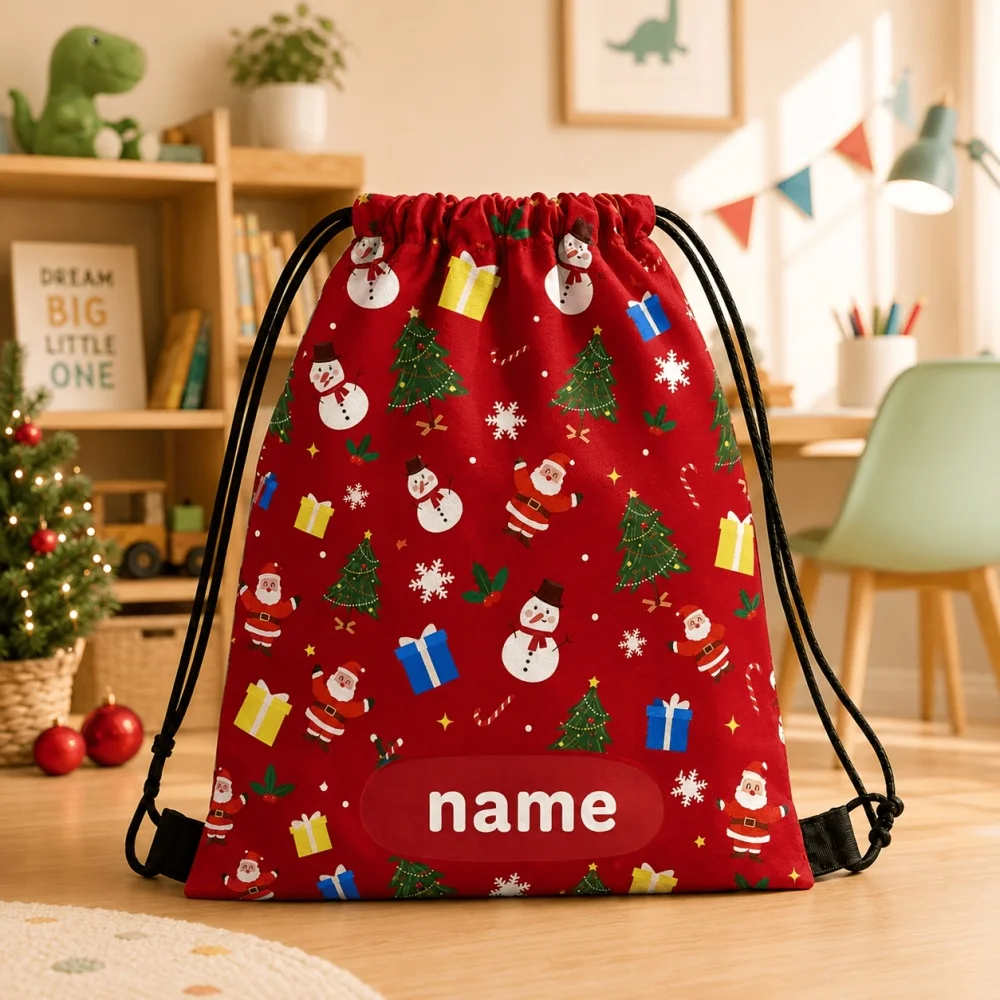 1Pc Custom Name/Text Christmas Drawstring Closure Backpack, Santa Claus Snowman Design Gift Storage Pouch, Xmas Party Candy Bag