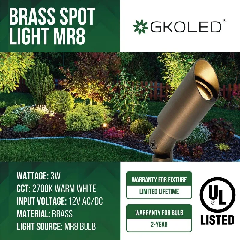 GKOLED Mini Size Brass Landscape Spotlight, Low Voltage 12V AC/DC Outdoor Directional Up Light, 180 LM