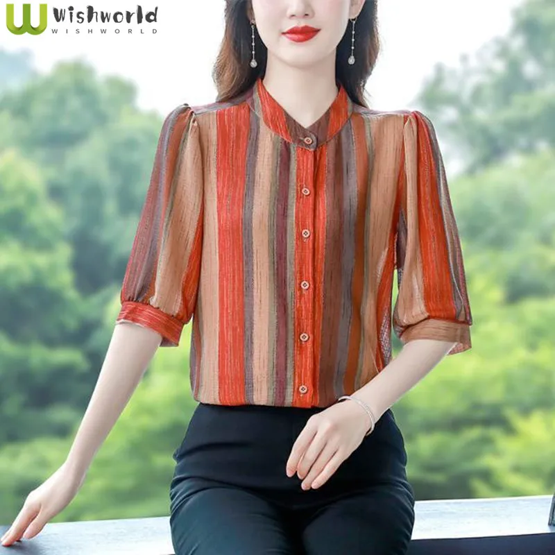 

High End Shirt with Middle Sleeve Striped Top Print Casual and Stylish Age Reducing and Elegant Women's Chiffon Shirt