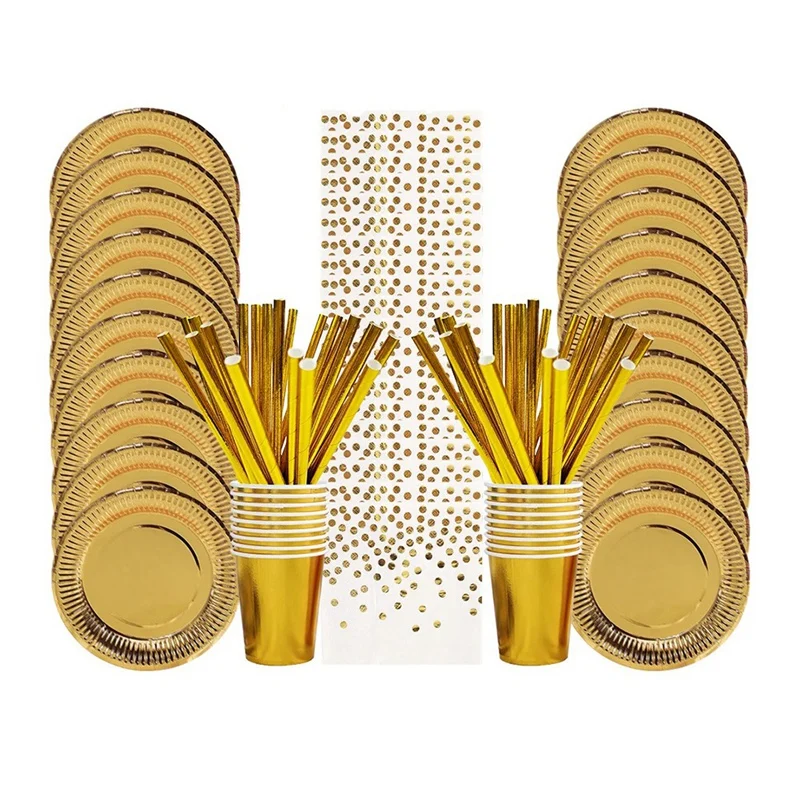 Premium Gold Paper Tableware Set For Party Decoration, Featuring Plates, Cups, Napkins For Birthday And Bachelorette Events