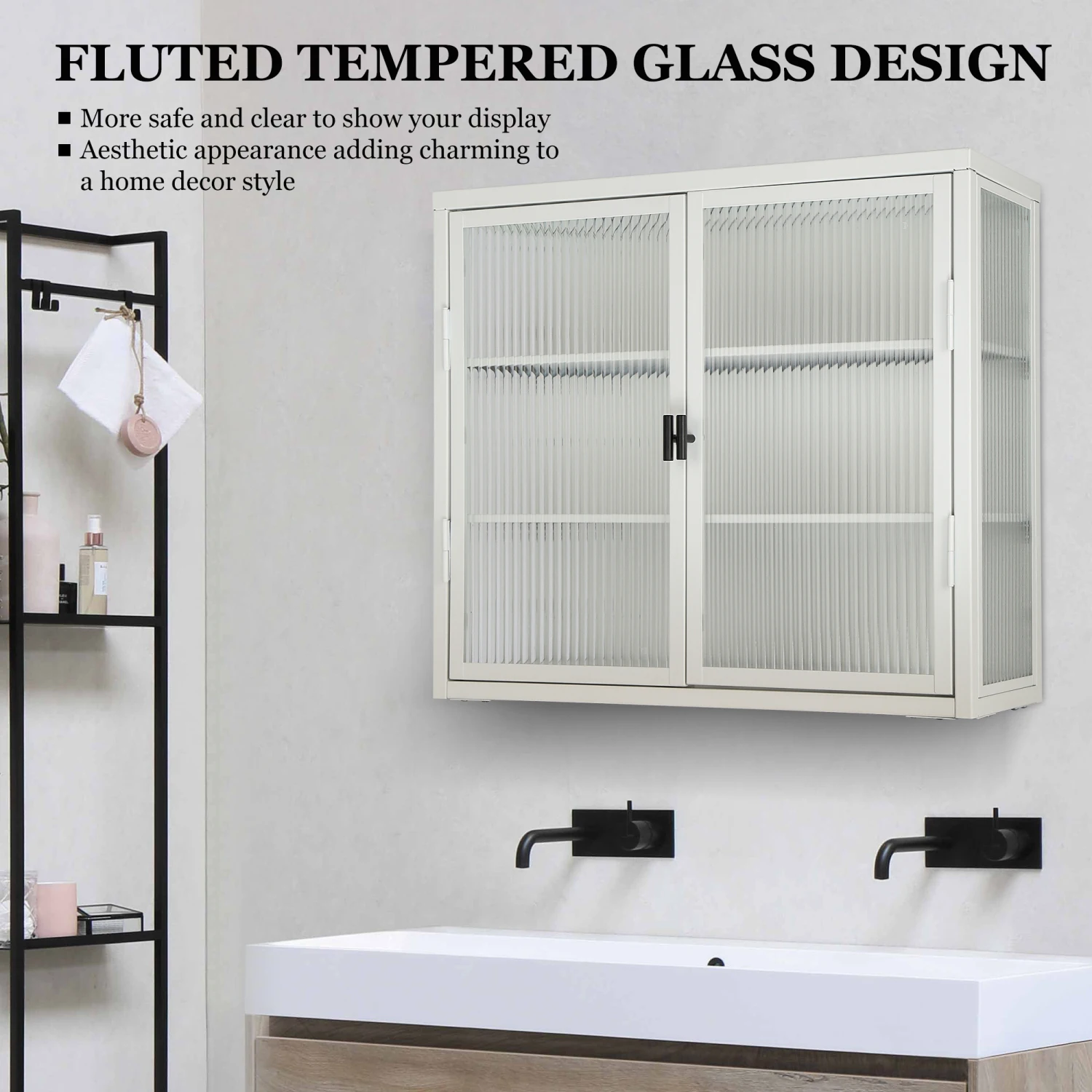 

Vintage White Glass Door Wall Cabinet w/ Shelves for Office, Dining, Living Room, Kitchen, Bathroom